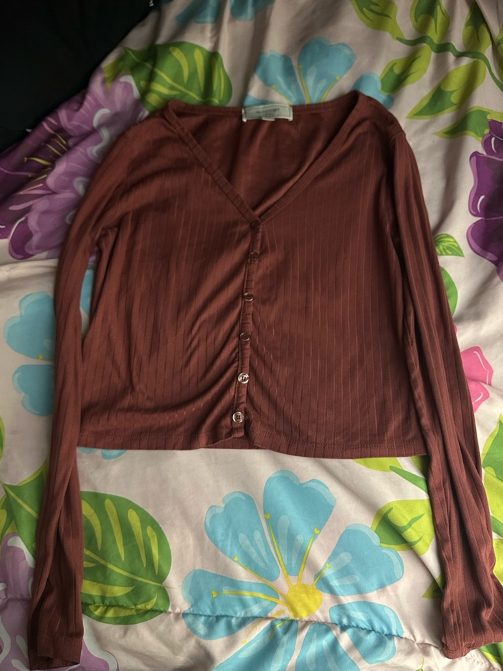 Ribbed V-Neck Button-Front Long Sleeve Top - Brown